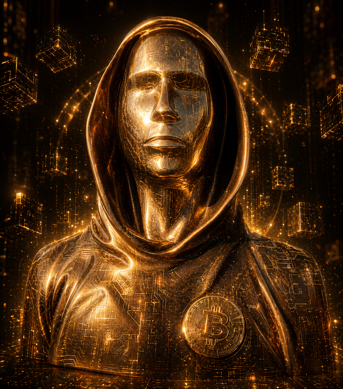 Cyber gold hooded Bitcoin statue portrait